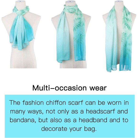 Women's Blue Green Fashion Lightweight Head Scarf Floral Print Chiffon Scarves - Picture 4 of 7